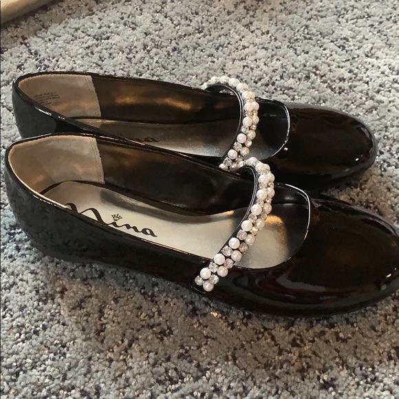 Black Patent Girls Low Heel Dress Shoe with Rhinestone Strap  Girls black patent leather dress shoes